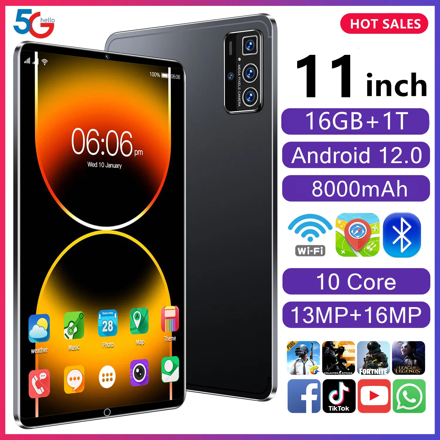 2023 Versione Globale Nuovo 11 Pollici 16Gb Ram 1T Rom Android 12 Tablet Deca Core Dual 5G Lte Telefonata Bluetooth Wifi Google Tablet