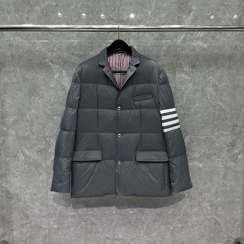 

THOM TB Men's Winter Jacket Down Jacket Fashion Brand Gray Suit Down-Filled Matte Nylon 4-bar Stripe Notched Wholesale TB Coat