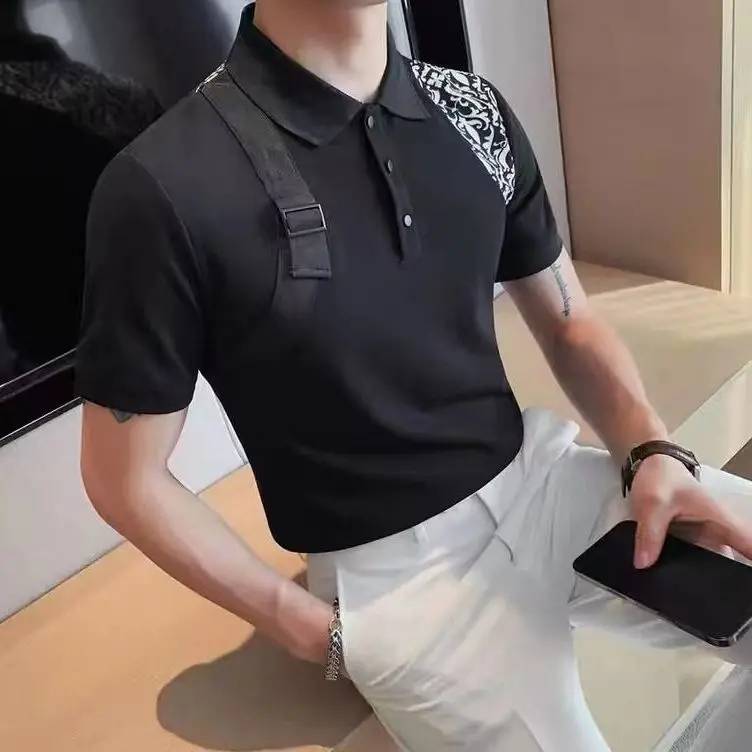

2022 fashion slim fit men's Polo shirt short sleeve summer trendy men's personality small strap color matching lapel half sleeve
