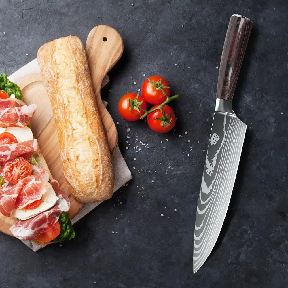 Кухонный нож дамасский лазерный шеф-повара 8 дюймов мясница японский сантоку