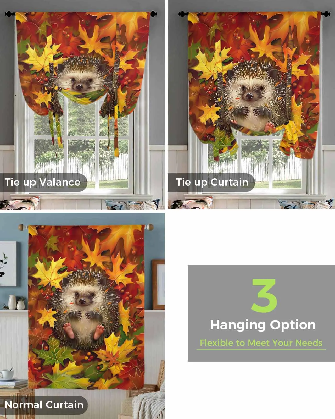 Осенняя занавеска на окна в виде кленового листа с ежиком для гостиной спальни