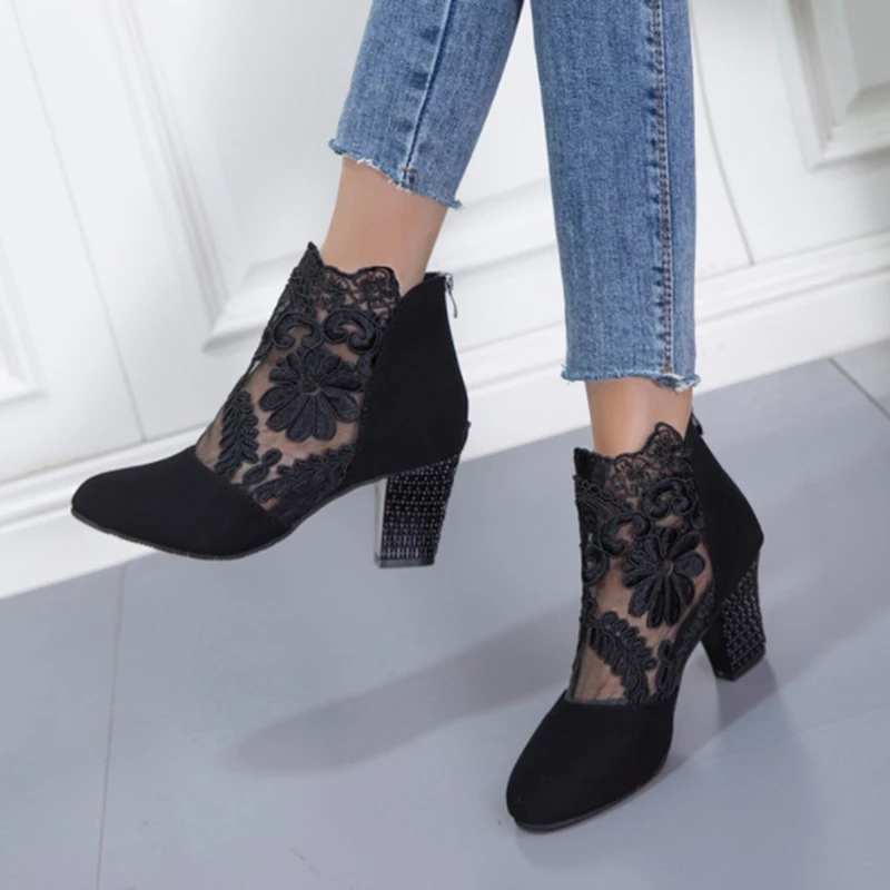 

Vintage Cutout High Heel Women's Boots New Spring And Summer Lady's Boots Medium Women's Hells Shoes Lace Boots