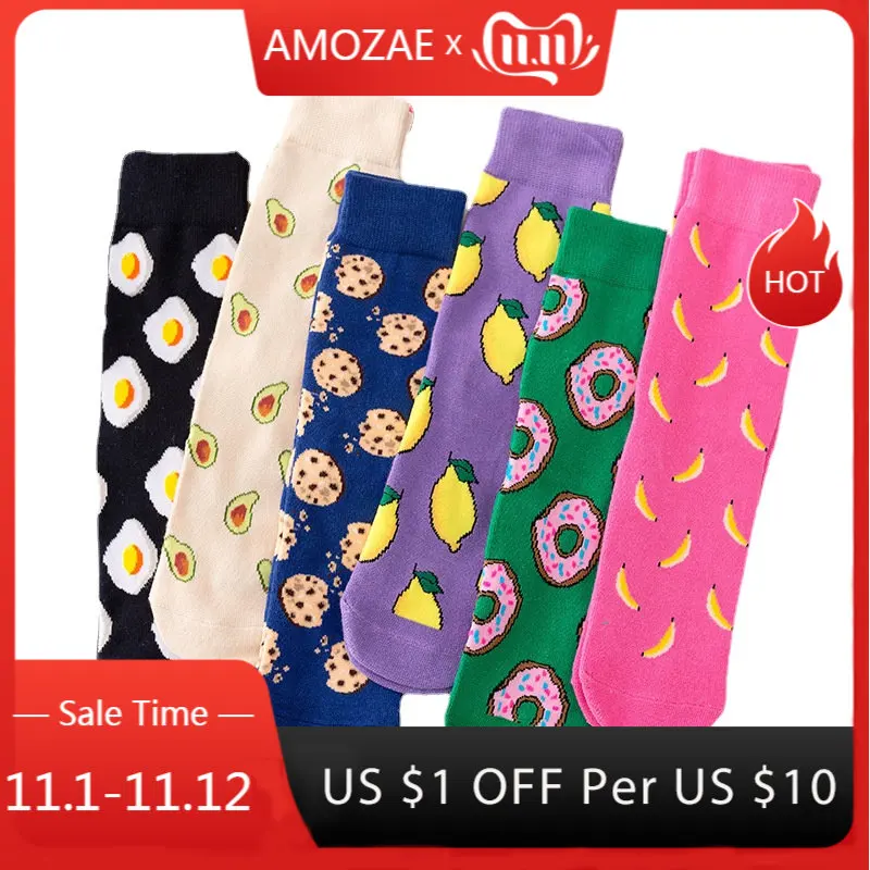 

Funny Harajuku Women Casual Cartoon Fruit Sock Hot Sale Banana Avocado Lemon Egg Cookie Donuts Colorful Japanese Skateboard Sock