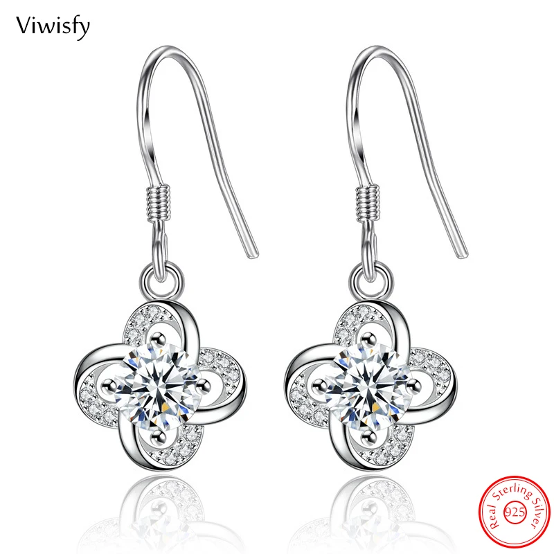 

Viwisfy Real 925 Sterling Silver Drop Earrings For Women Flower Clover Crystal New Jewelry Gift Girl VW22114