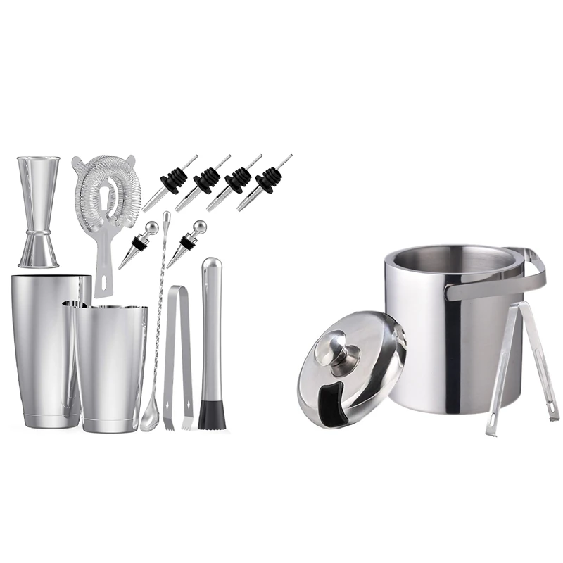 

Ice Buckets With Stainless Steel Ice Tongs,Double Wall Ice Bucket With Lid & Boston Cocktail Shaker Bar Set Tools