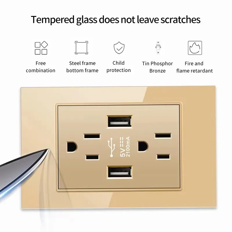 ELEGAN 1/3 Настенный выключатель со стеклянной панелью/ПК BR IT UN US TH Розетка USB Type-C