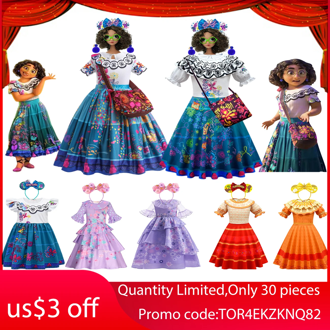 

2022 Girls Encanto Mirabel Cosplay Costumes Summer Rave Party Toddler Fancy Casual Dresses Prom Birthday Cartoon dress and Bag