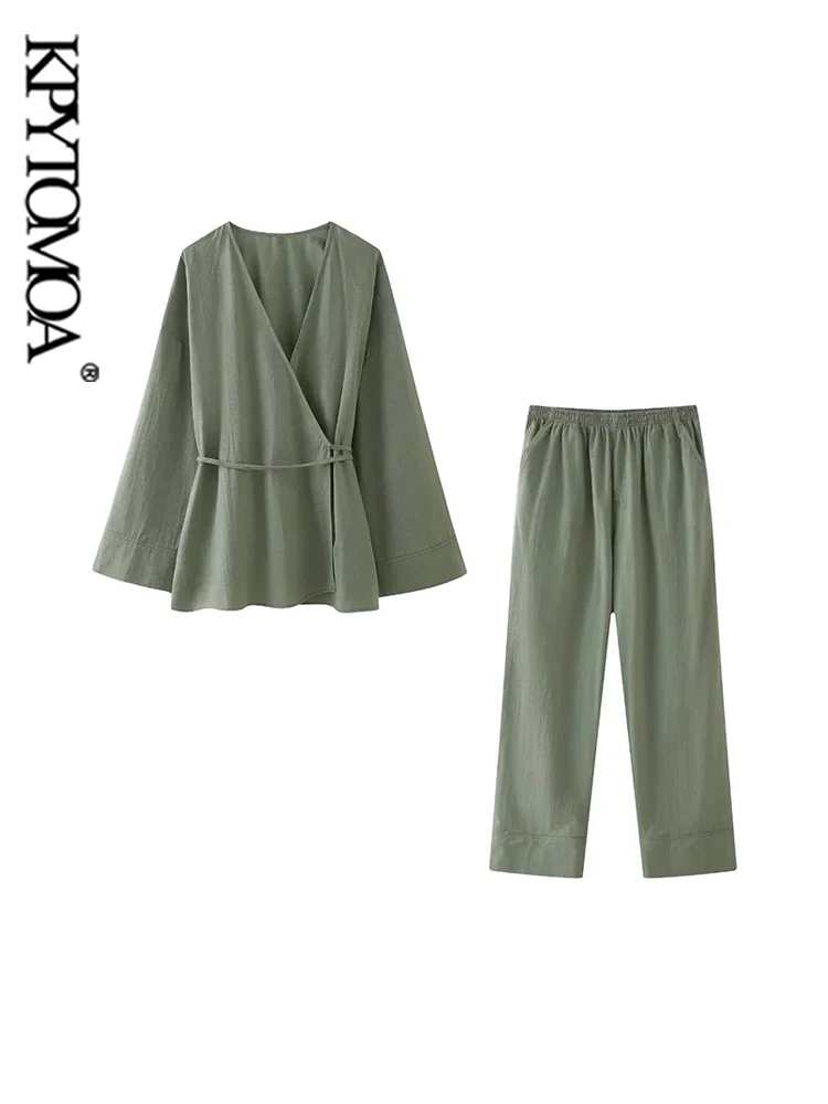 KPYTOMOA Женское Текстурированное Кимоно Комплект Из Блузки И Брюк