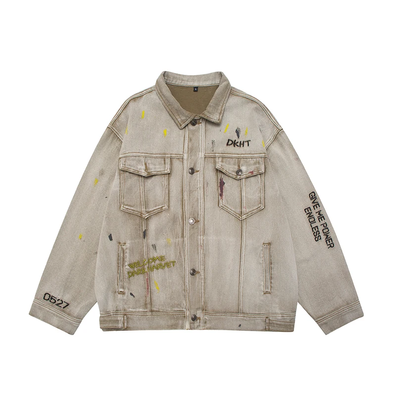 

Original Washed Retro Letter Embroidery Streewear Mens Jeans Coats Ripped Lapel Patchwork Casual Hip Hop Loose Denim Jackets