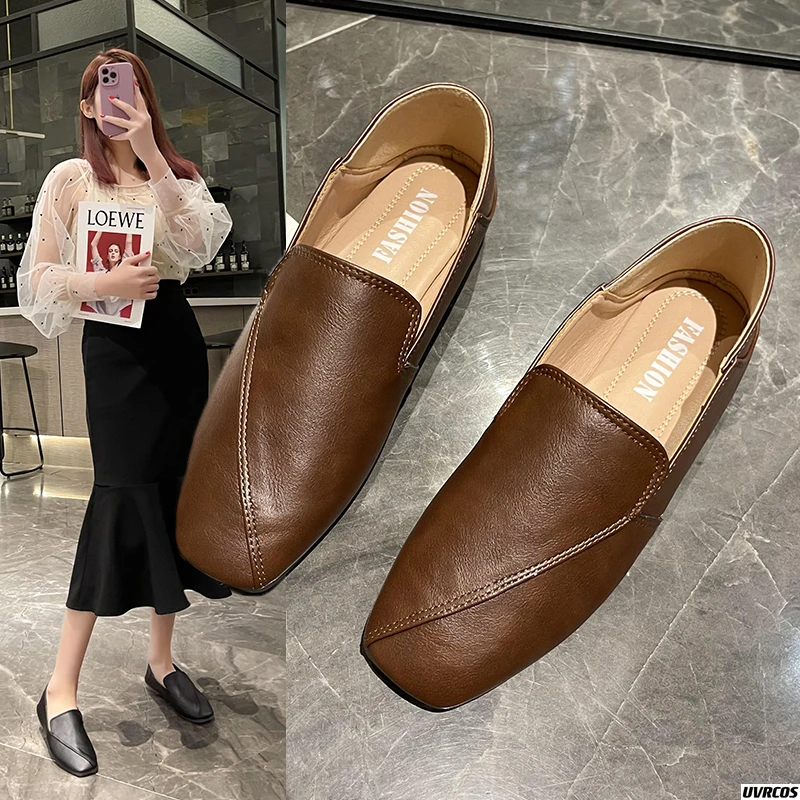 

Women's Flat Shoes Square Toe Slip-On Shallow Women Loafers Pu Leather Ladies Moccasins Female Flats Concise 2022 New