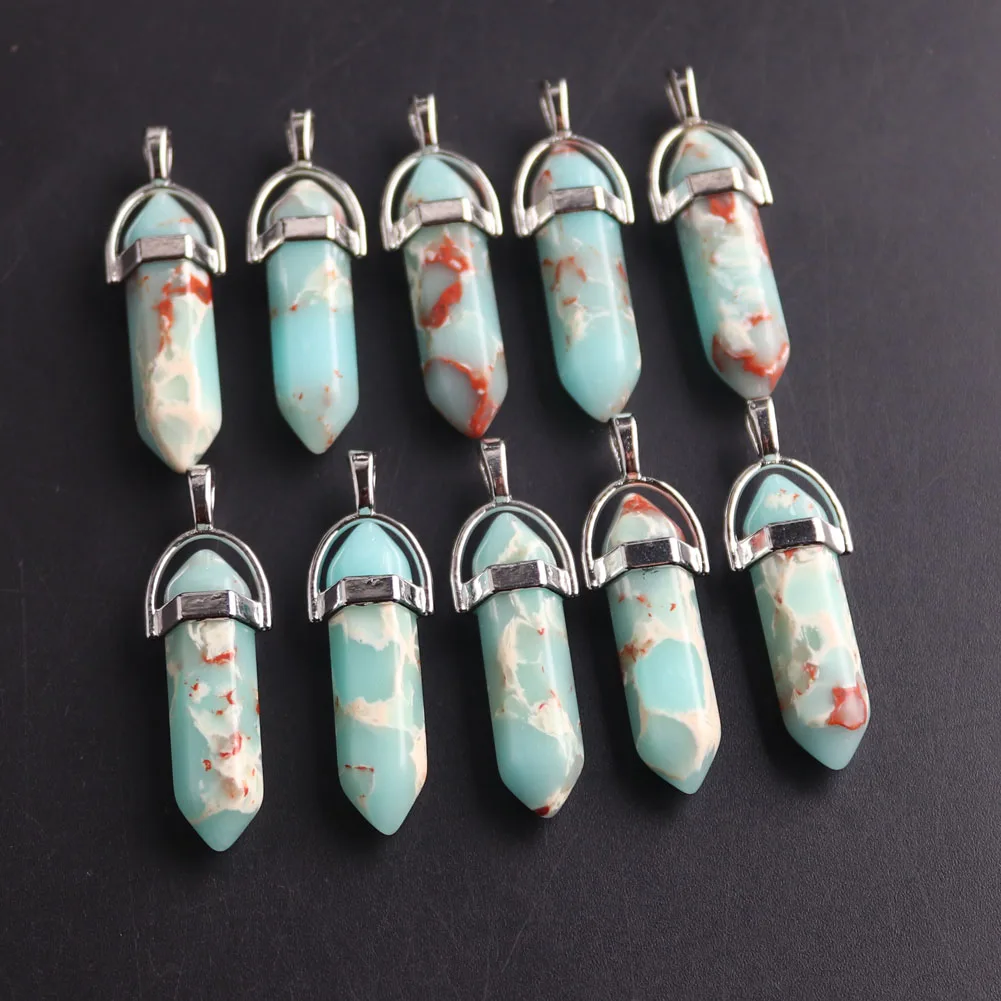 24pcs/lot High Quality Synthetic Turquoises Hexagonal Column Pendants 32*8mm Energy Jewelry Wholesale Items For Resale In Bulk