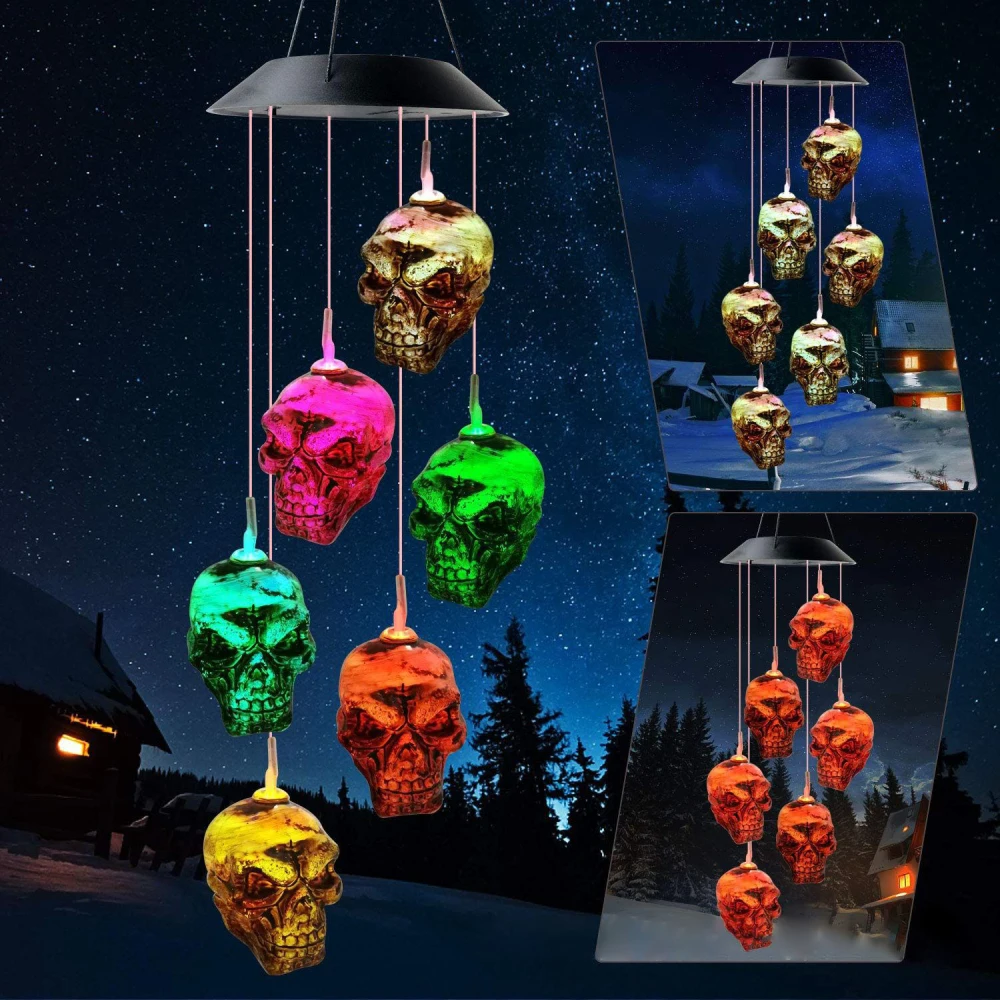 

LED Skull Pumpkin Lamp Solar Wind Chime Lamp Horror Halloween Decor Lights DIY Hanging Pendant Lights Party Holiday Supplies