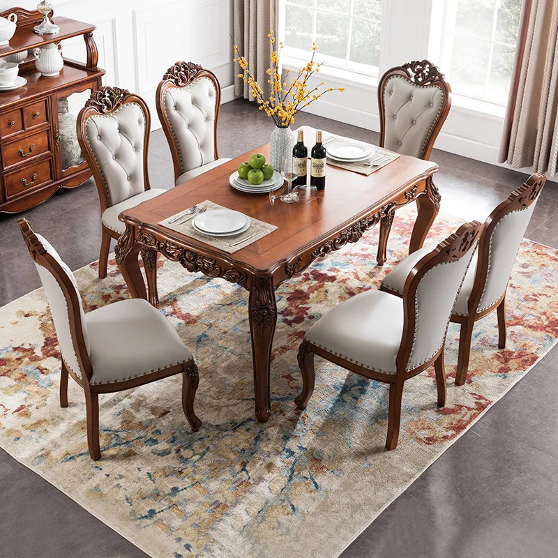 

Light luxury European-style all-solid wood dining table and chair combination leather art carved home restaurant hand-carved