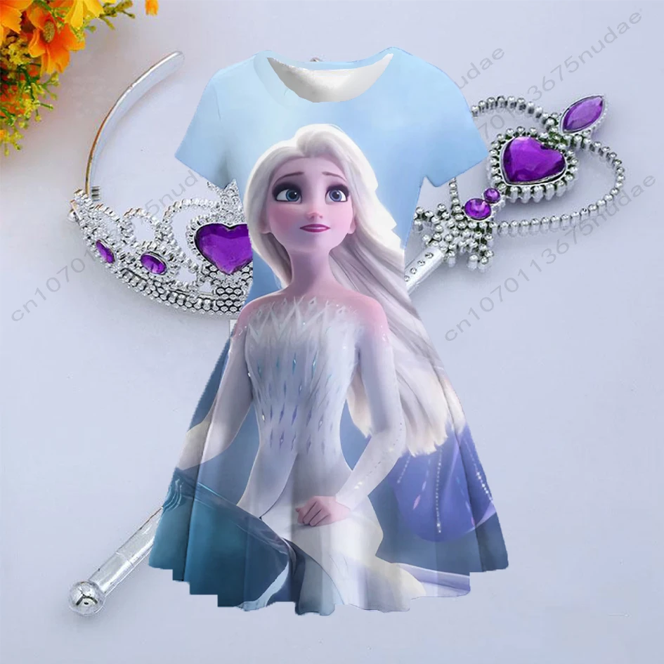 Купи Summer new children's clothing Disney Frozen princess dress print round neck cartoon short sleeve cute girl dress dress за 252 рублей в магазине AliExpress