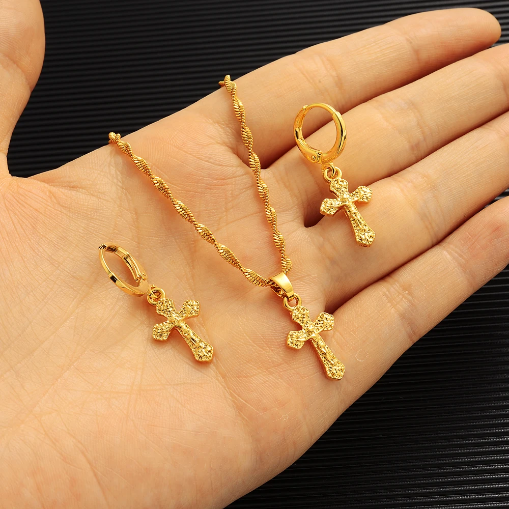 

Simple Cross Earring Pendant Necklace For Women Jewelry Gift Gold Color Unisex Men Daily Party Classic Accessories