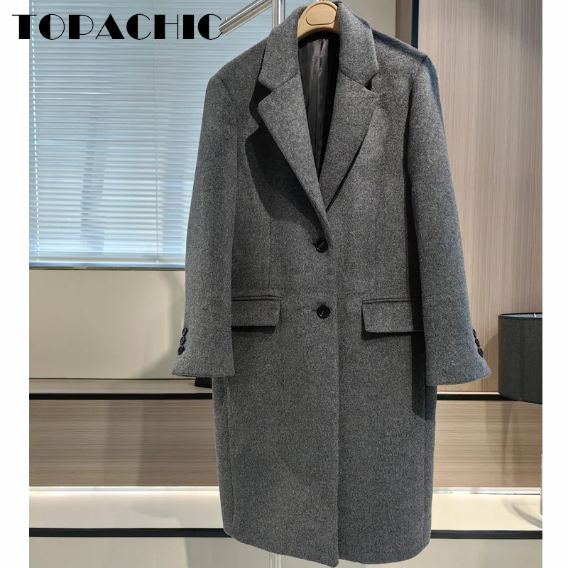 11.1 TOPACHIC High Quality Gray Color Mid-Length Lapel Single Breasted Pocket Thick Wool Coat For Women