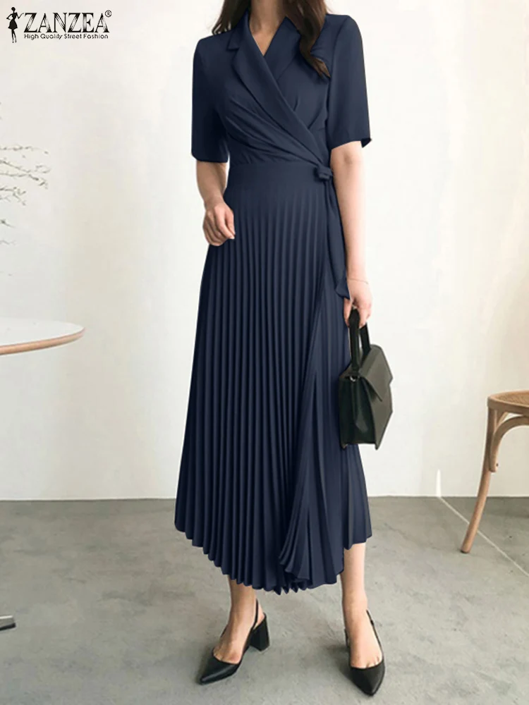 

ZANZEA Women Summer Dress Solid Lapel Short Sleeve Lace-Up Pleated Robe Elegant Casual Loose Work OL Midi Vestidos Sundress 2022