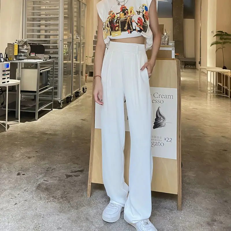 

Women 2022 Spring Summer New Thin High-waisted Casual Pants Female Solid Color Loose Trousers Ladies Ice Silk Wide-leg Pants T42