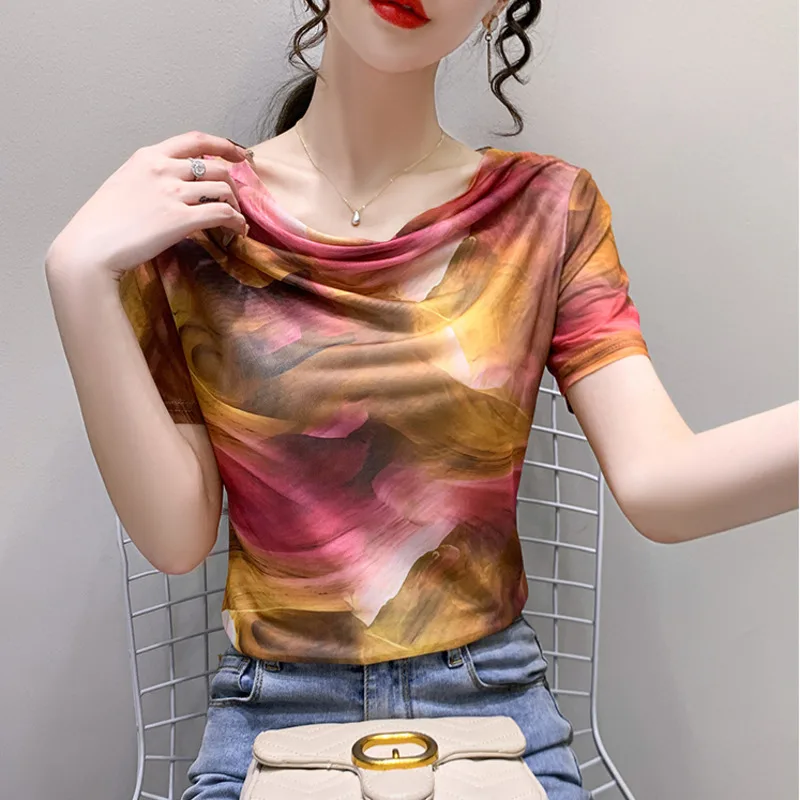 

#6666 Mesh T Shirt Short Sleeve Summer Tie Dye Womens Tshirt Slash Neck Sexy Short Tee Elastic Sexy Basic Women's Tee Shirt Slim