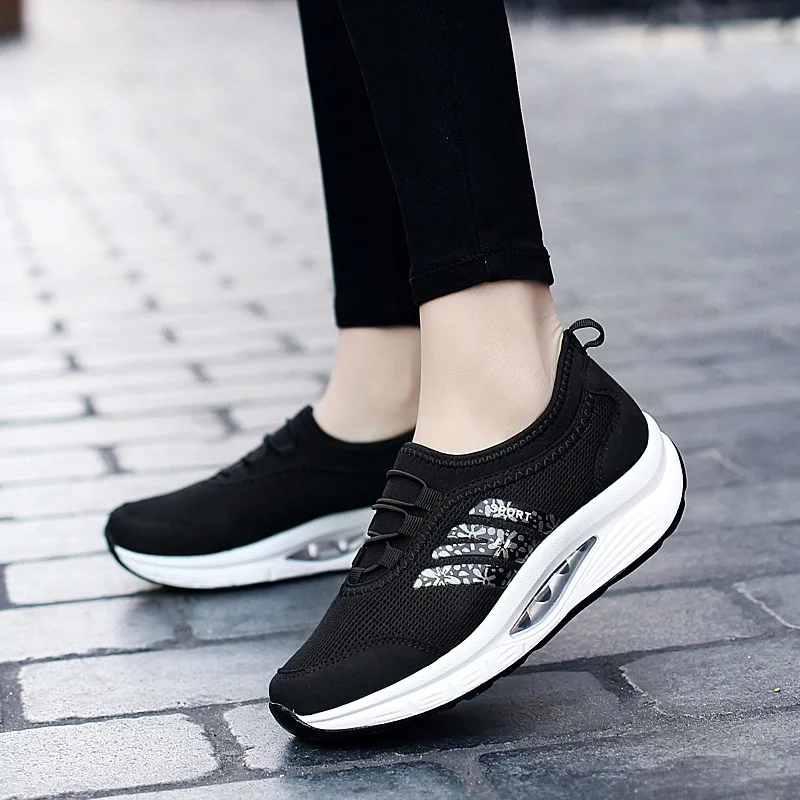 

Ladies Casual Shoes Sneakers Net Air Cushion Breathable Round Shape Elastic Band Solid Color Increase Women Flat