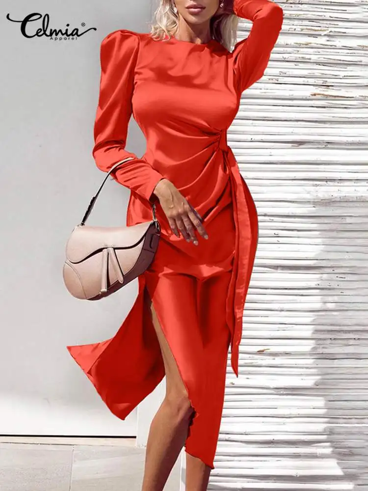 

Celmia Fashion Party Hem Slit Robe Asymmetric Satin Evening Robes Elegant Gigot Sleeve Midi Dress Women Bodycon Bandage Vestidos