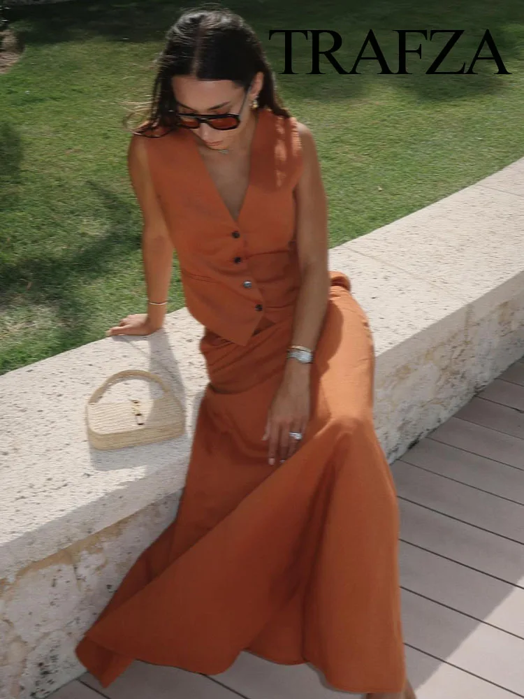 

TRAFZA Summer Fashion Women's Mid-length Pleated Skirt Suit Retro V-neck Single-breasted Women's Short Top Vest 2-piece Set