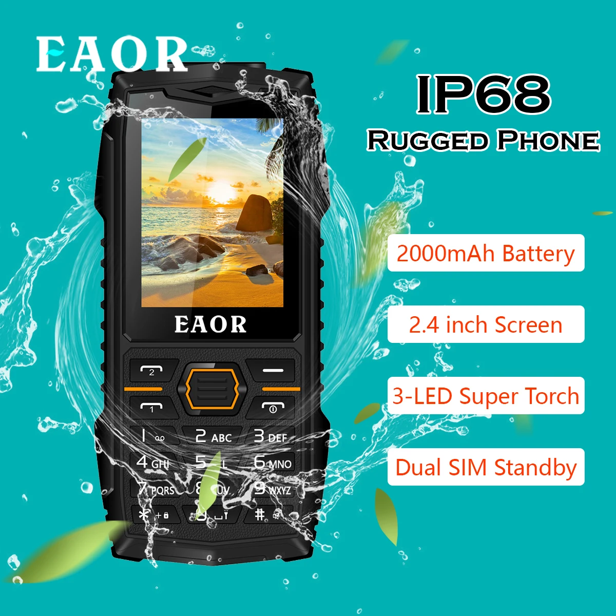 

EAOR 2G Keypad Rugged Phone IP68 Waterproof Mobile Phone 2000mAh Dual SIM Flashlight Cellphone Push-Button Phones Feature Phone