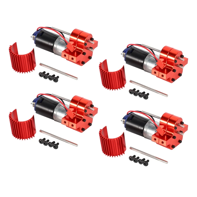 4X 370 Brushed Motor+Alloy Heat Sink Gear Box Set With Steel Gears For WPL Henglong C14 C24 B14 B24 B16 B36 Red