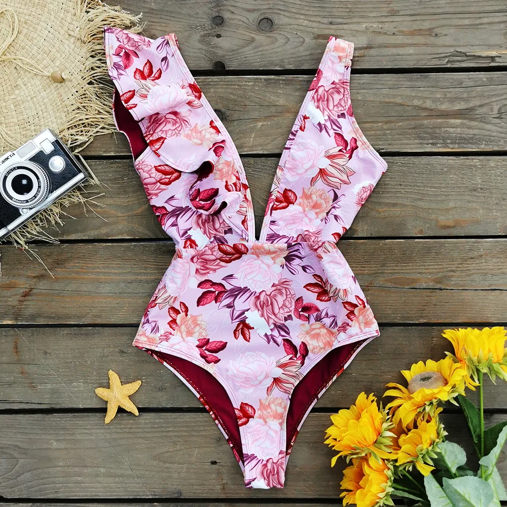 

One Shoulder Ruffled Spaghetti Straps Deep V One-Piece High Waist Swimsuit Female 2022 New Sexy European And American Swimsuit