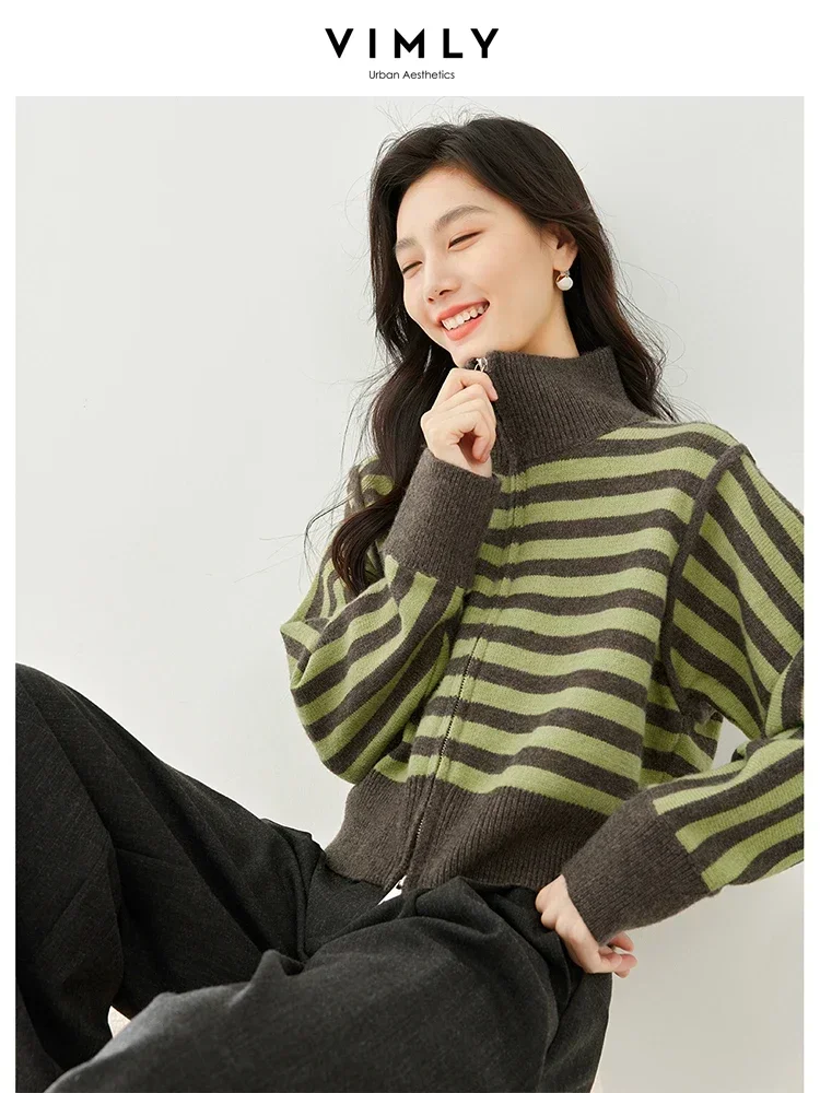 Укороченный кардиган Vimly в контрастную полоску Осенний Женский Мягкий Вязаный