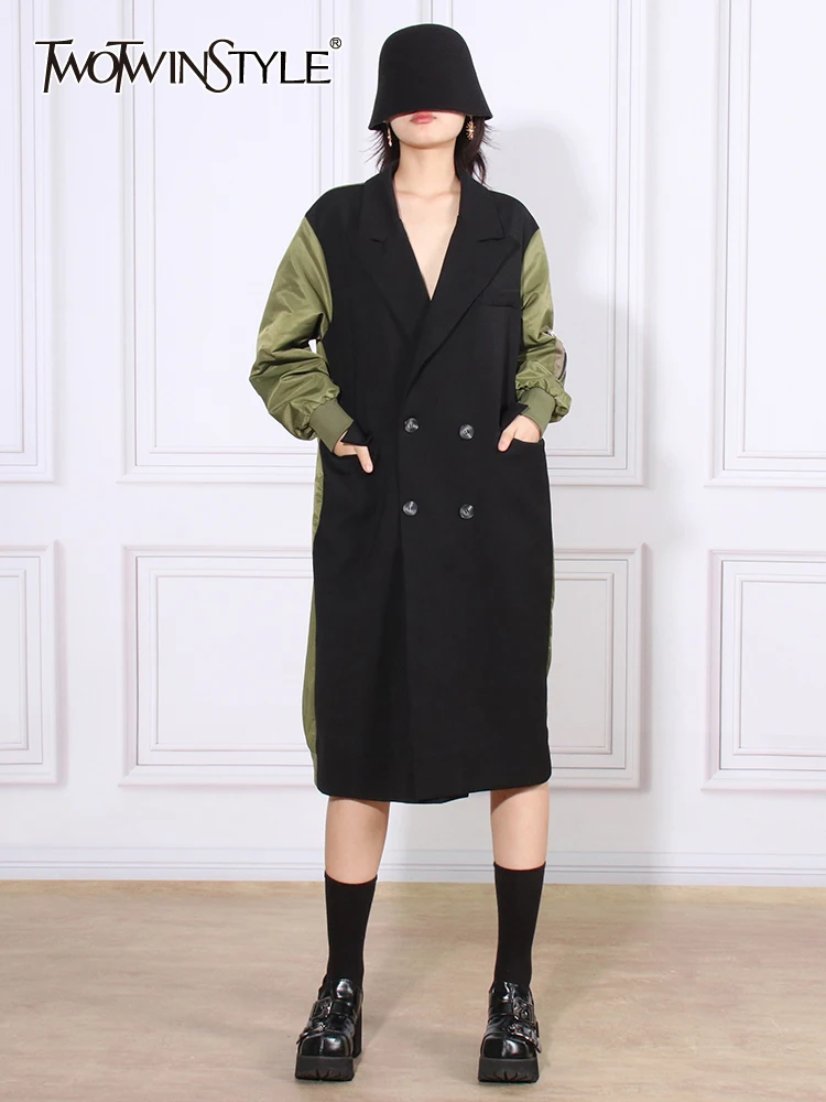 

TWOTWINSTYLE Hit Color Casual Trenches For Women Lapel Long Sleeve Patchwork Double Breasted Vintage Trench Female Fashion Style