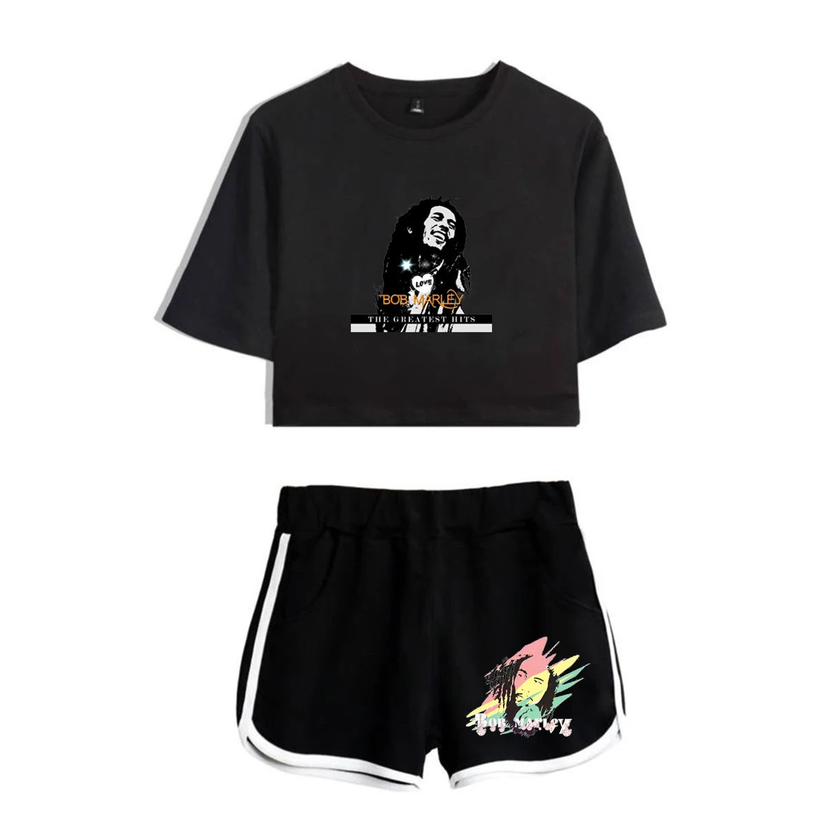 

Harajuku Legendary Bob Marley Print Short Sleeve Cool Sexy Shorts+lovely T-shirts Dew navel Pretty Girl suits Two Piece Set