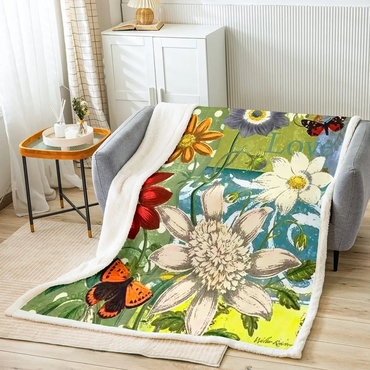 

Botanical Floral Fleece Throw Blanket Blossom Flowers Pattern Sherpa Blanket for Kids Children Teens Retro Garden Plants
