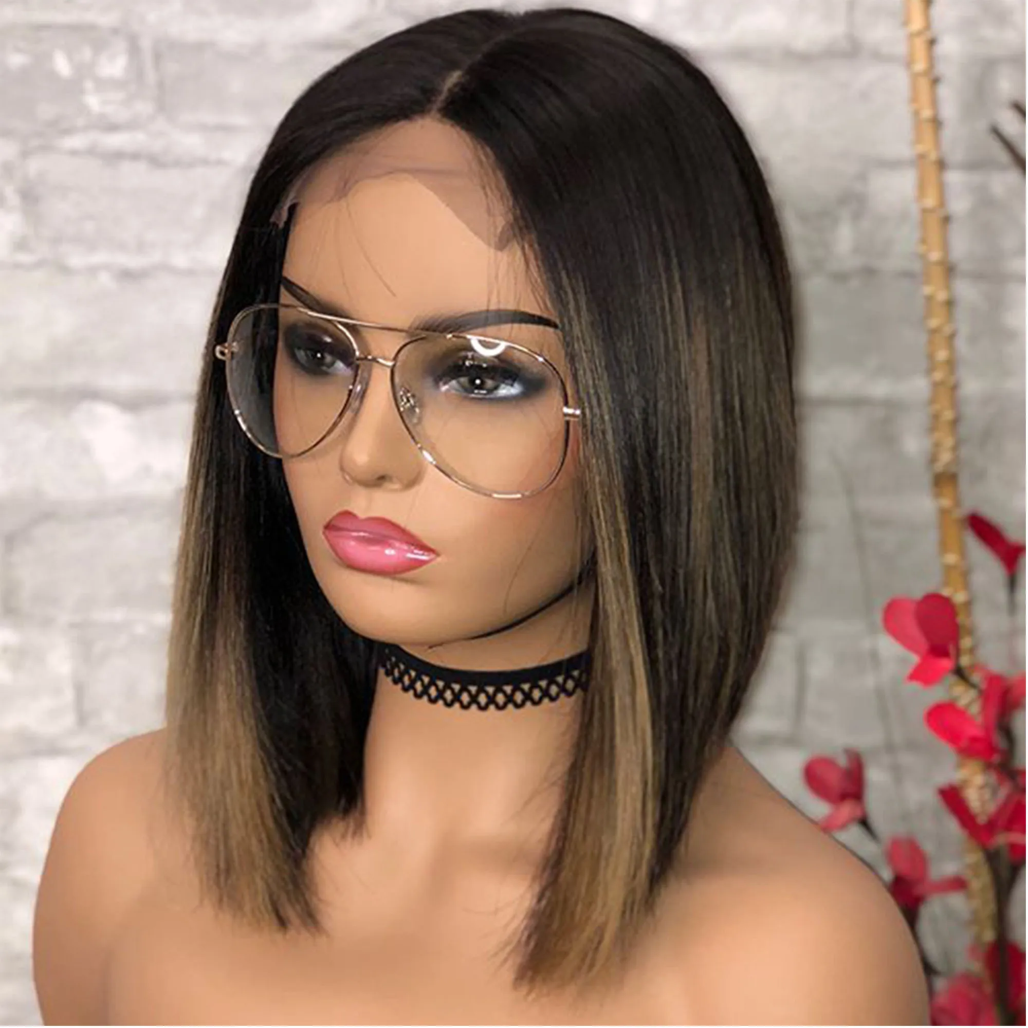 

180 Density Short Bob Ombre Highlight Blonde Straight Full Lace Wig For Black Women European Remy Human Hair Soft Jewish Daily