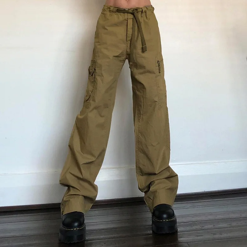 

Sexy Lace-up Low Waist Baggy Jeans Women Spring Fashion Side Pockets Zipper Brown Cargo Jeans 90s Vintage Streetwear Denim Pants