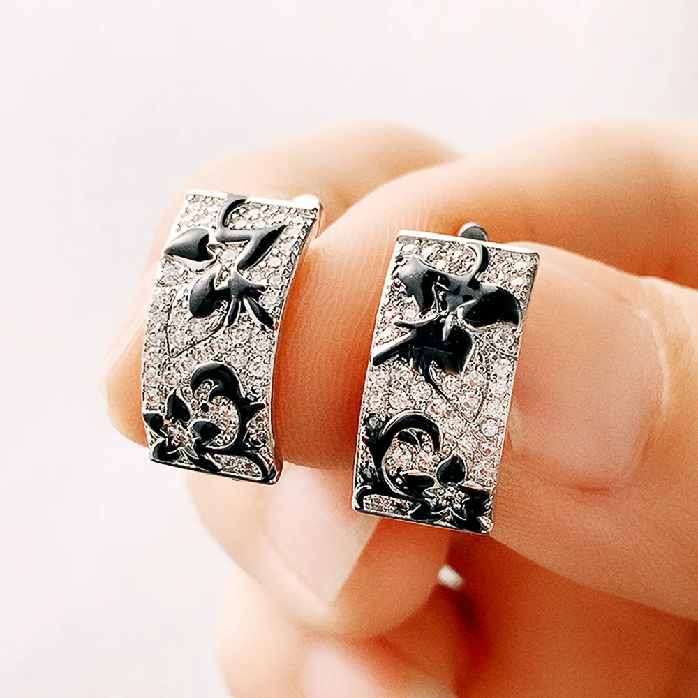 

Серьги Huitan с эмалью и черным цветком для женщин, роскошные U-образные серьги-кольца с кубическим цирконием, новый дизайн 2022, бижутерия