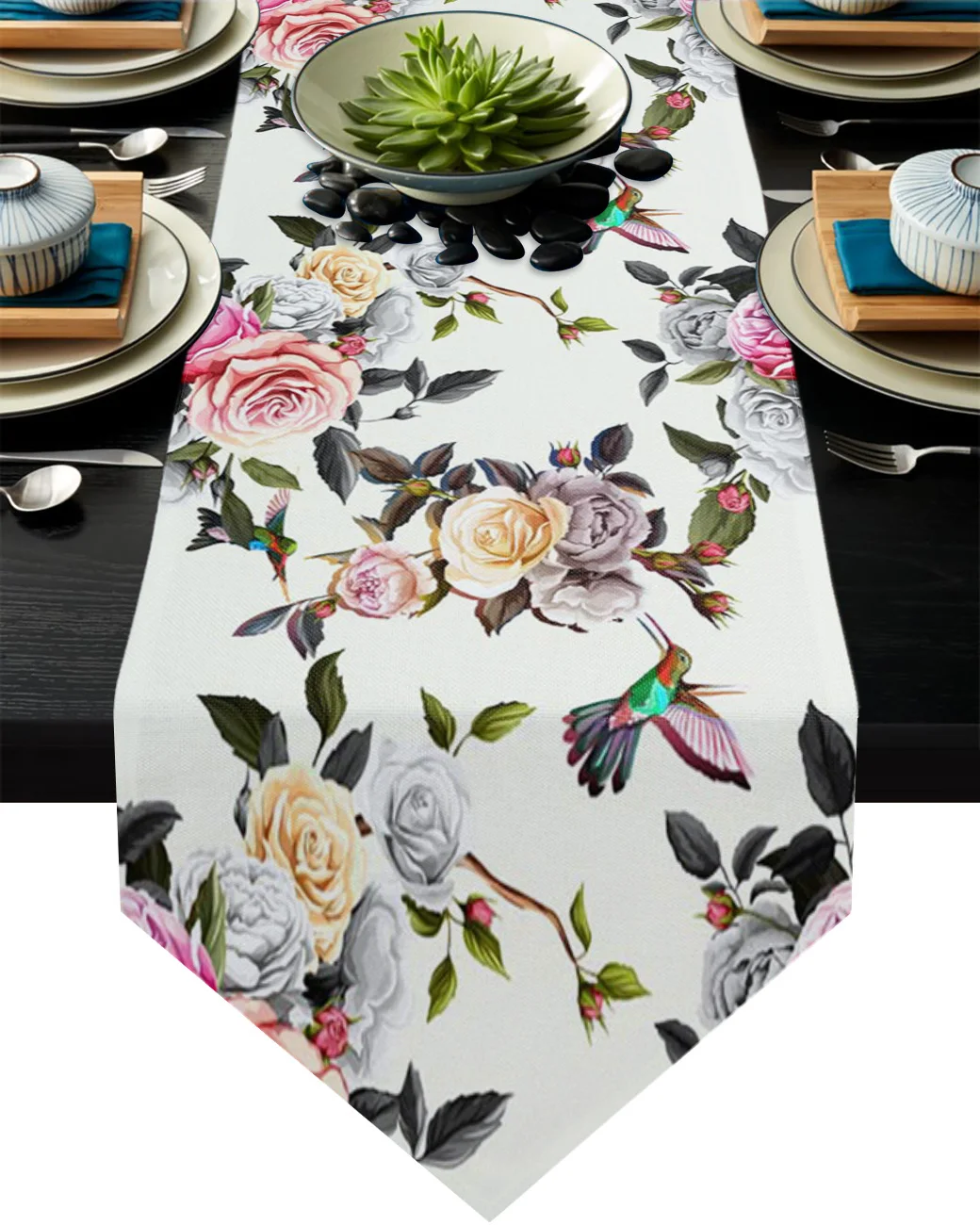 

Rose Peony Bird Color Kitchen Table Runners with Mats Dinning Table Decor Printed Table Runner and Placemat Sets for Wedding