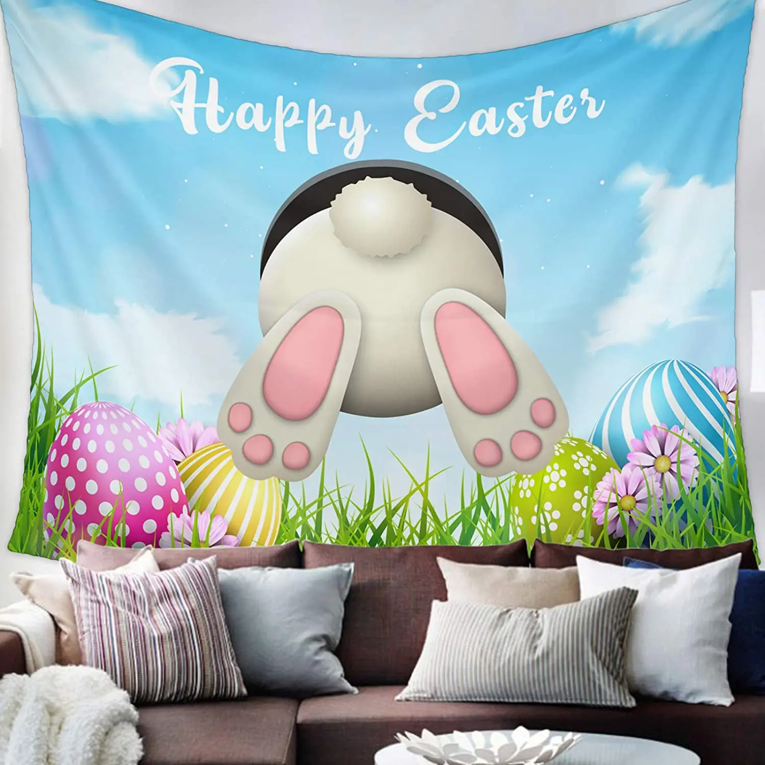 

Tapestries Happy Easter Funny Bunny Butt Farm Grass Egg Blue Sky White Clouds Tapestry Wall Hanging for Room Tapestry Home Decor