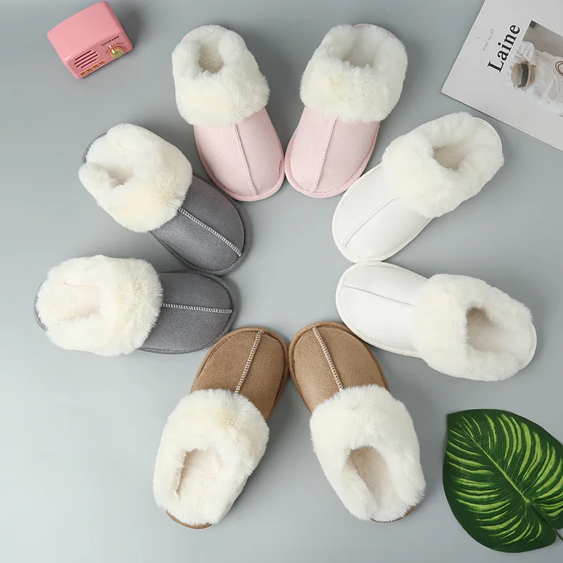 

New Women's Fur Home Slippers High Quality Suede Flat Cotton Shoes Men Plush Slippers Couple Bedroom Furry Indoor Shoes