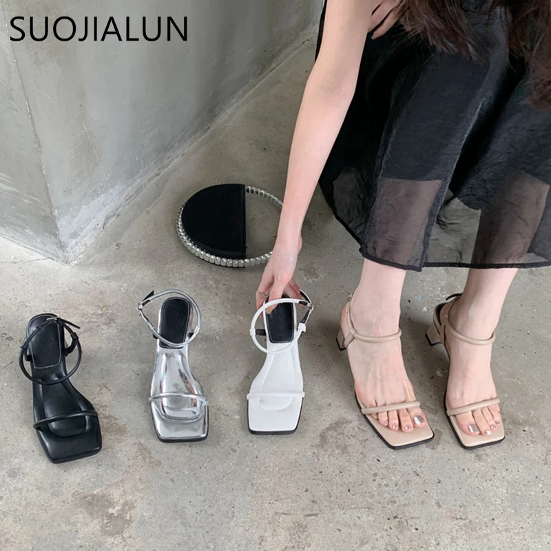 

Женские сандалии SUOJIALUN с узкими ремешками, модные гладиаторские туфли с квадратным носком и ремешком на щиколотке, обувь на среднем каблуке,...