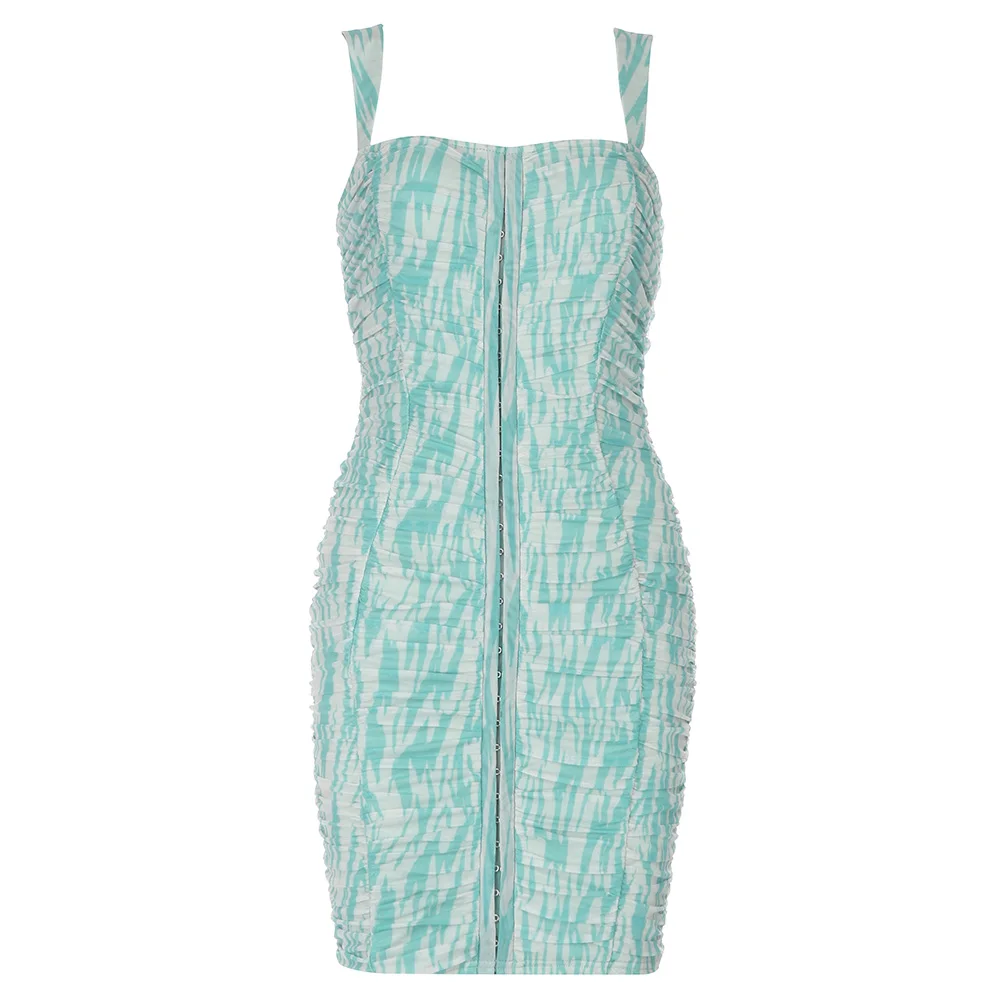 

Blue Striped Mesh Pleated Ruched Women Bandage Dress Bodycon Sexy Club DJ Party Evening Dresses