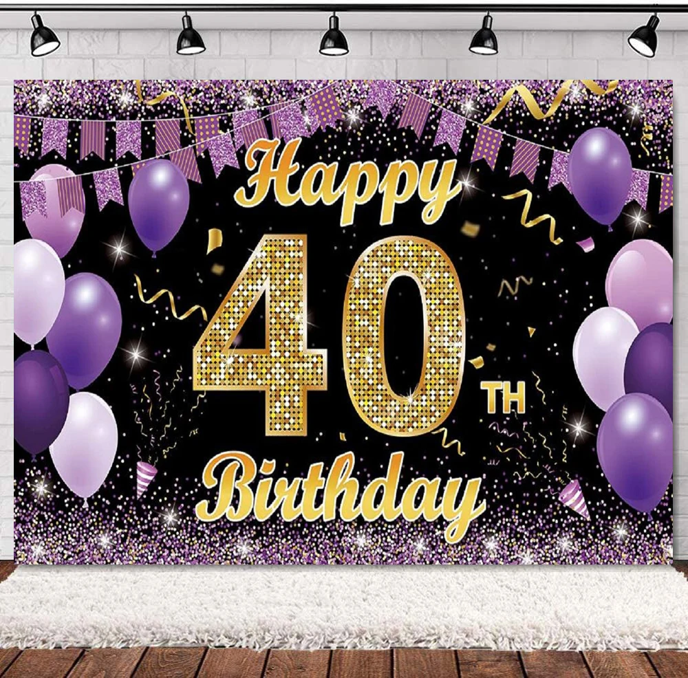 

Happy 40th Birthday Party Decorations Photography Backdrop Banner Purple Gold Balloon For Women Photo Background Poster