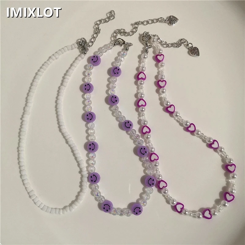 

2022 Kpop Purple Heart Pearl Acrylic Beaded Necklace Collars Aesthetic For Women Boho Charm Harajuku Jewelry EMO Y2K Accessories