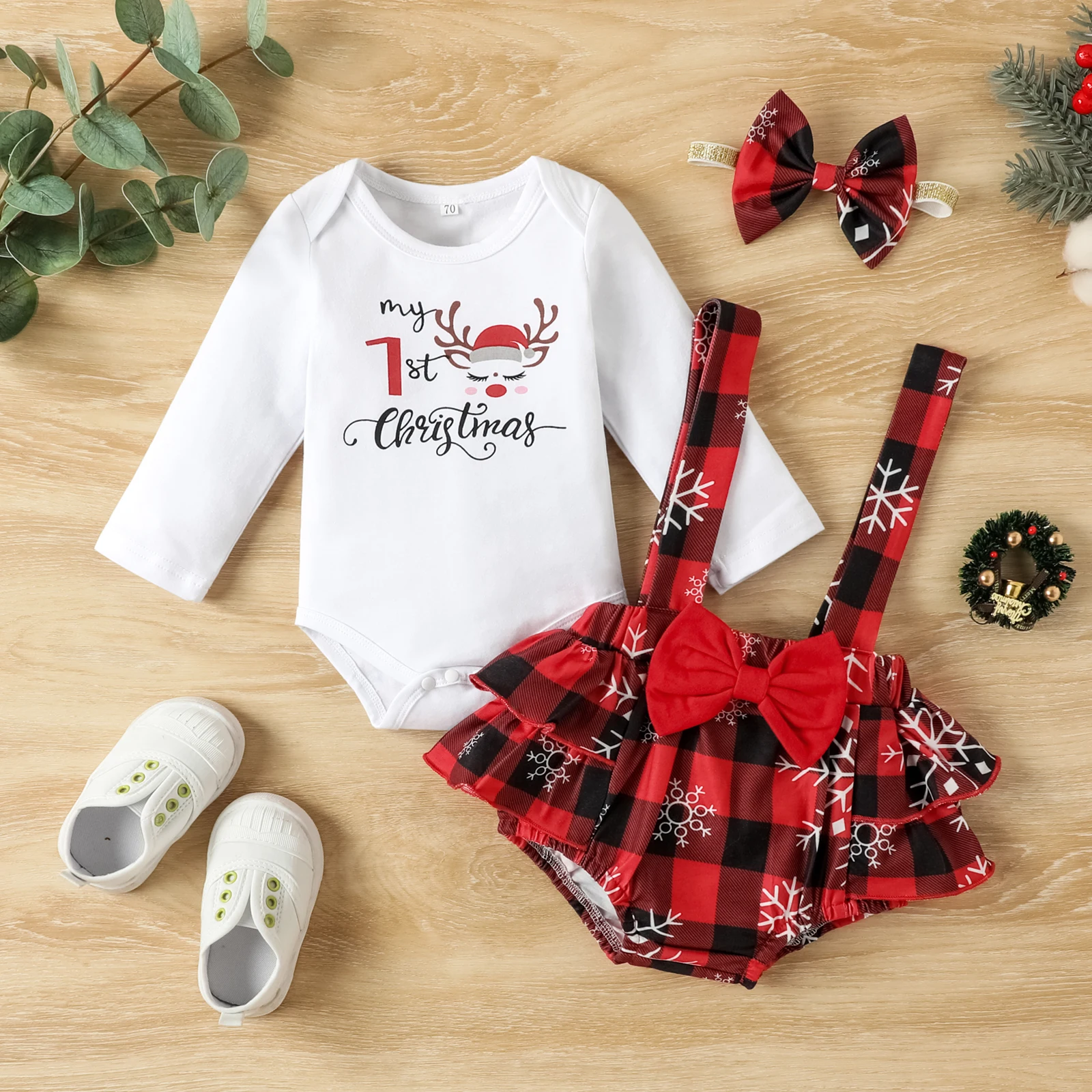 

Christmas Infant Baby Girls Jumpsuits Set Letter Printed Long Sleeves Bodysuit and Casual Plaid Suspender Skirt