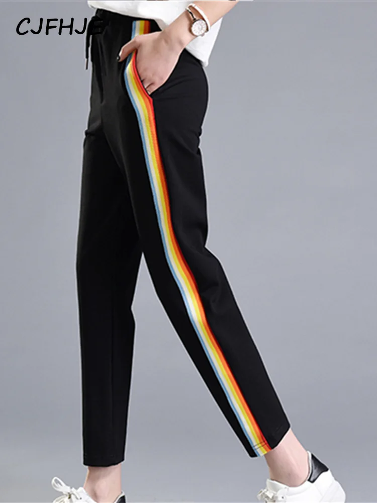 

Spring Summer Fashion Rainbow Colorful Striped Casual Pants Female Loose Elastic Waist Cool Harem Women's Pants Pockets M-2XL