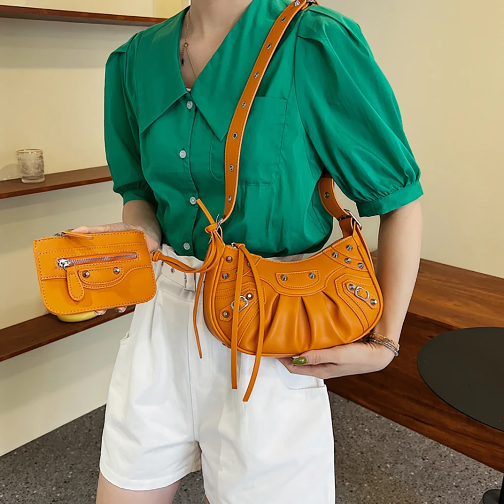 

Women Tassel Handbags And Purses Fashion Shoulder Bag Designer Crossbody Female Purse Multi-pocket PU Moon Leather Orange Bags