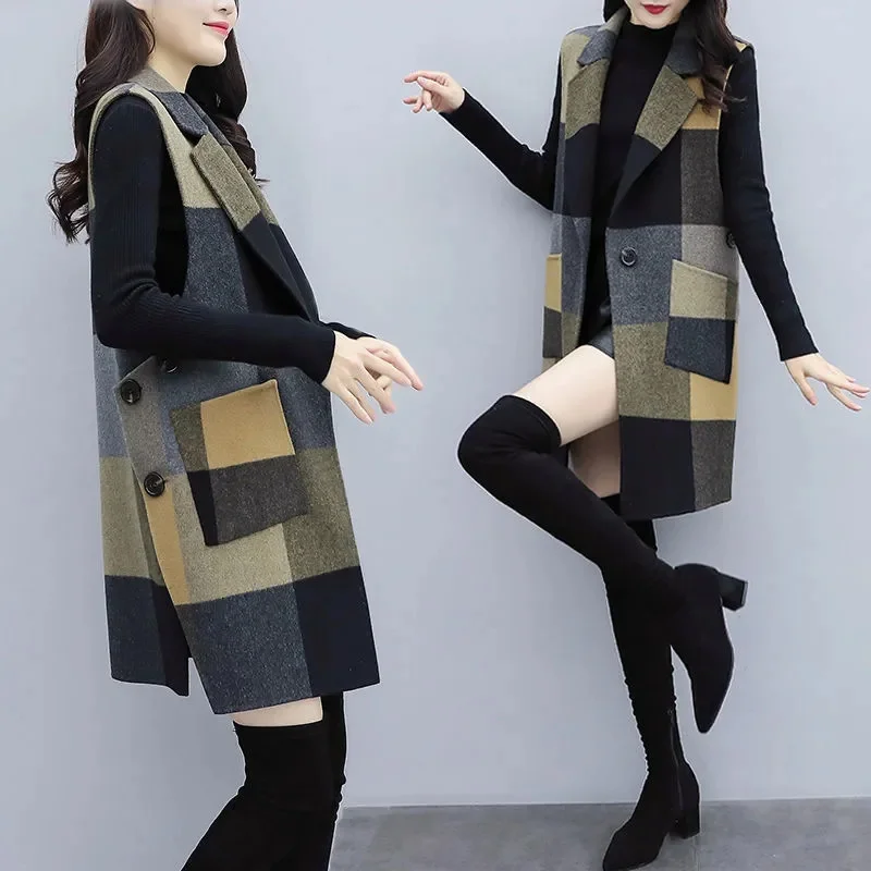 

Autumn Woolen Temperament Fashion Mid-length Women Coat Jacket Female New 2022 Slim Winter Thin Korean Waistcoat Vest Women