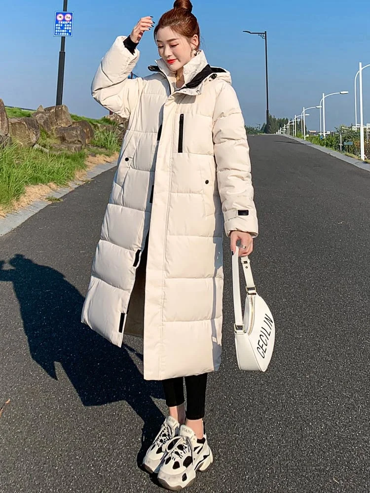Parka Coat Extra Long Winter Jacket Women Hooded Pocket Zipper Female Lady Windbreaker Coat Casual Outwear Clothes
