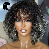 Jerry Curly Wig With Bangs Human Hair Highlight Colored Full Machine Made Wigs For Women Short Curly Bob Wig Brazilian Rmey Hair