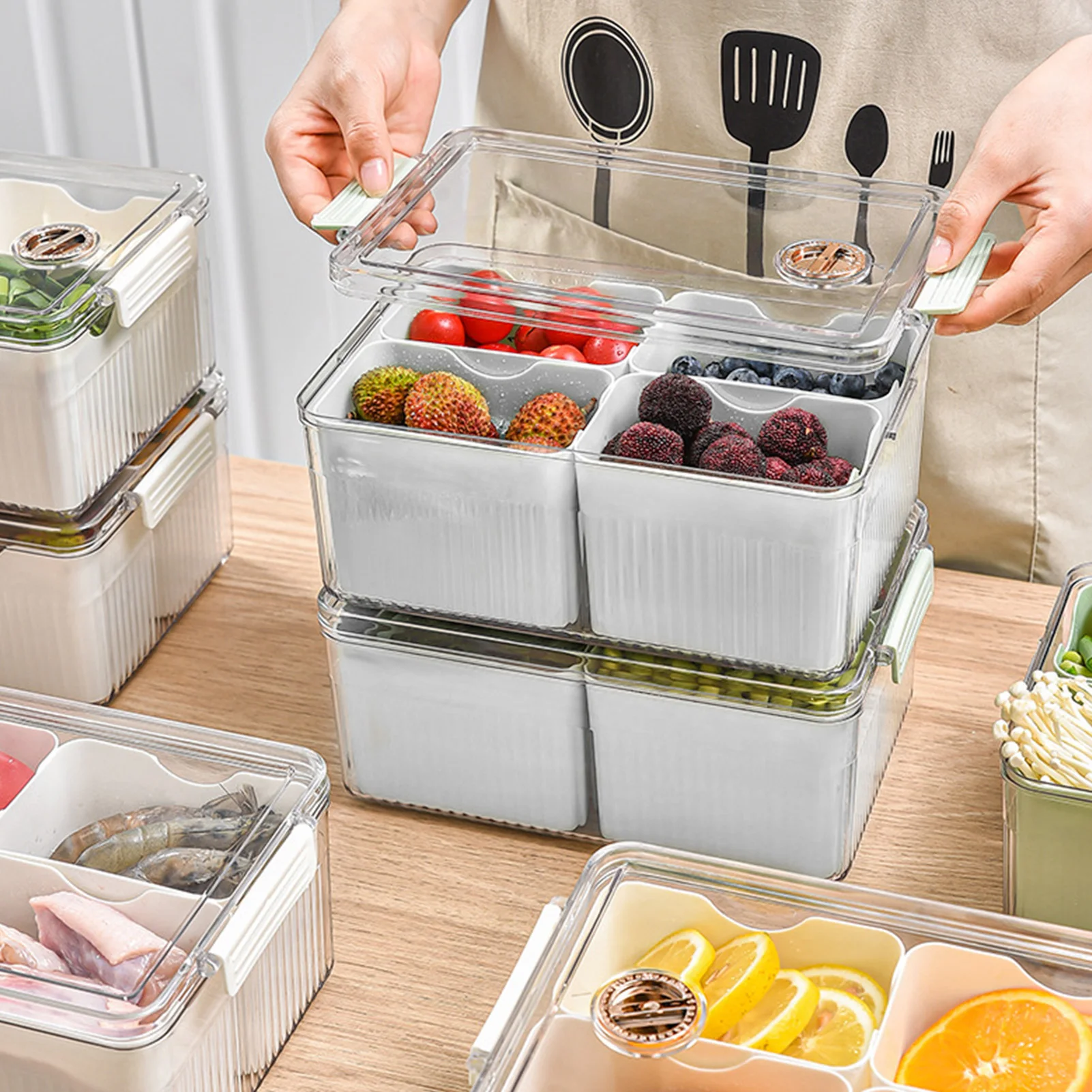 

Refrigerator Organizer Bins with Timer for Veggies Fruits Snacks Clear Storage Bins with Lids Stackable Refrigerator Organizer